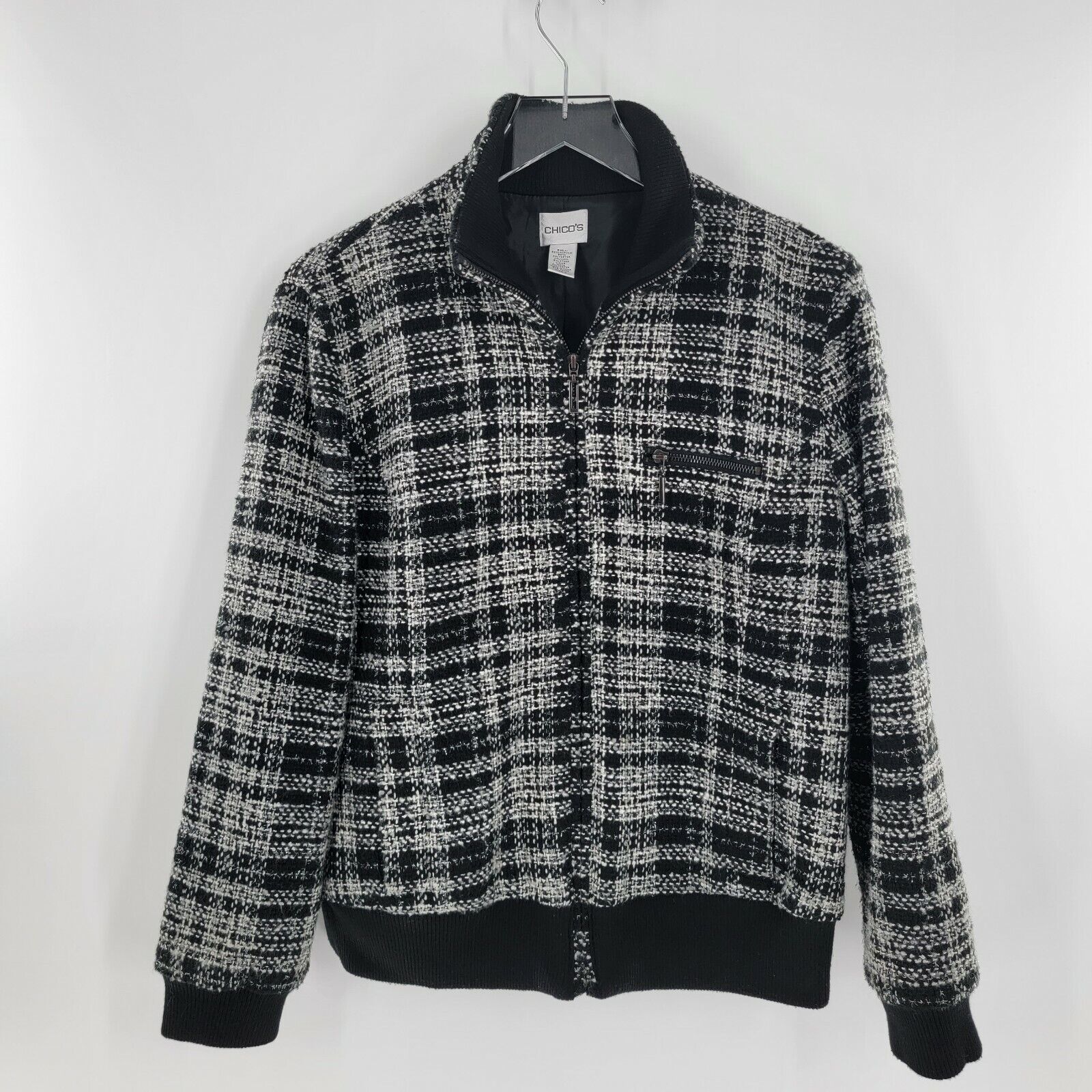 Chico's Jacket Size 2 Large Tweed Black White Metallic Silver Zip Up